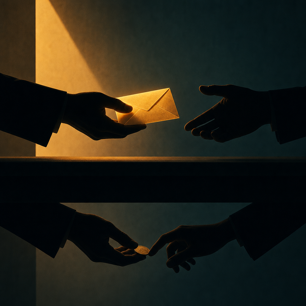 Minimalist illustration of two hands exchanging a glowing letter across a table, one hand secretly taking a coin, symbolizing the cost of information
