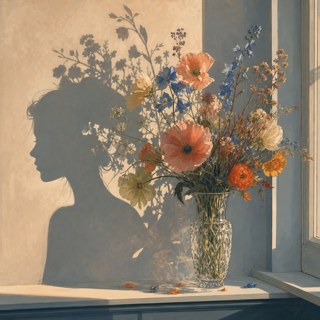 Gouache illustration of flowers in a crystal vase on a windowsill, their shadows forming an unexpected silhouette on the wall behind