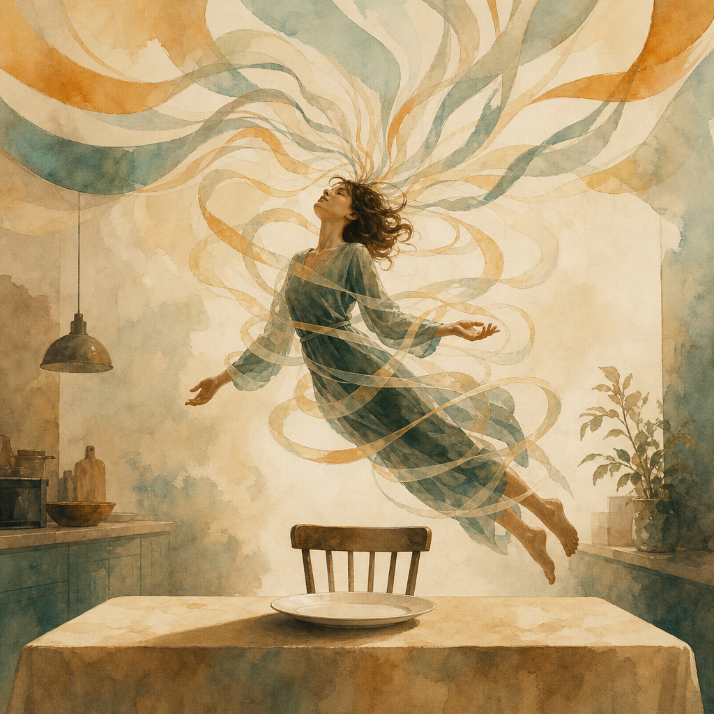 Surreal watercolor illustration of a woman floating above an empty kitchen chair, tangled in luminous ribbons spiraling from her head