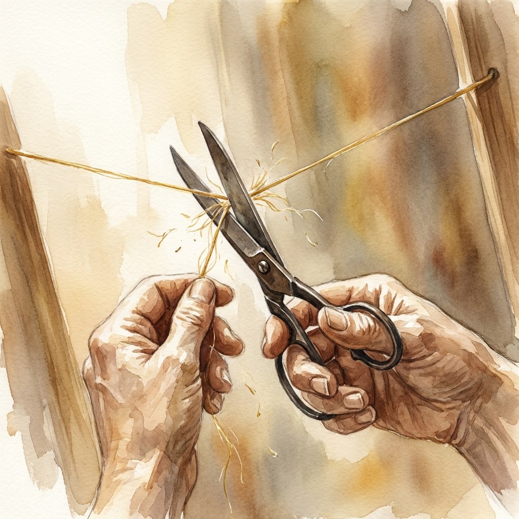 A pair of hands cutting a golden thread — a metaphor for interrupted dialogue