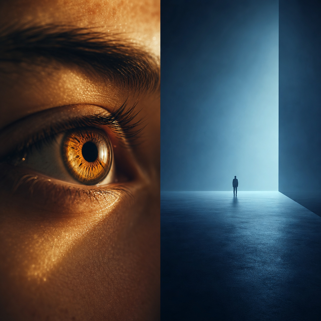 Split-frame abstract illustration of a close-up eye in warm amber light on the left and a lone silhouette in a vast cool blue space on the right, representing narrative closeness versus distance
