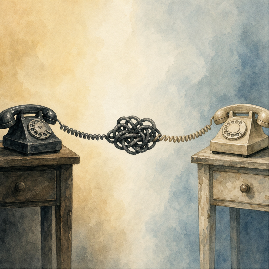 Watercolor illustration of two telephones on separate tables connected by a tangled cord under tension