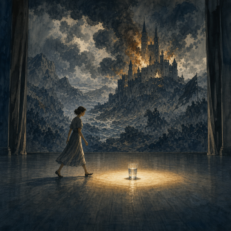 Gouache illustration of a woman crossing a vast empty stage toward a glass of water under a spotlight, ignoring a dramatic painted backdrop behind her