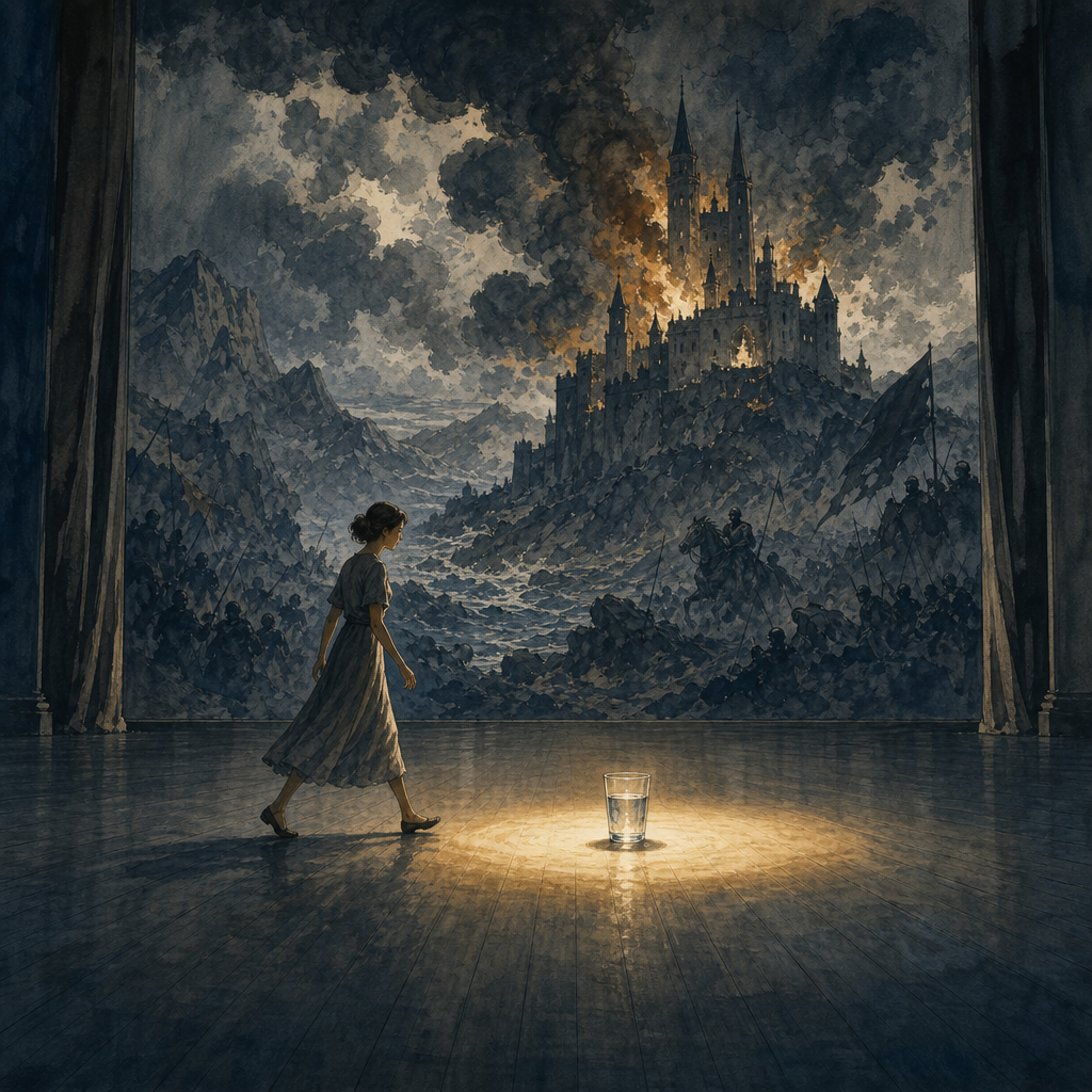 Gouache illustration of a woman crossing a vast empty stage toward a glass of water under a spotlight, ignoring a dramatic painted backdrop behind her