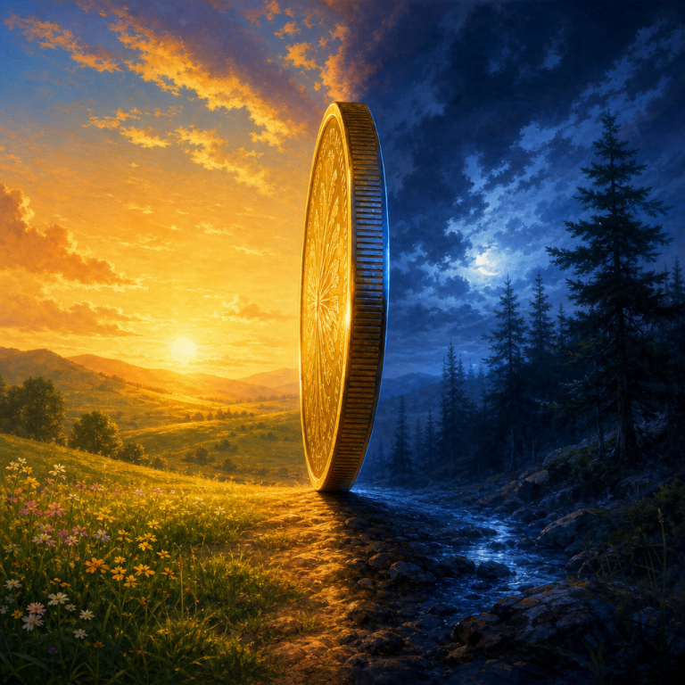 Painterly illustration of a golden coin balanced on its edge between a sunlit meadow and a twilight forest, symbolizing scene polarity