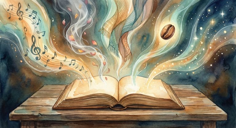 Watercolor illustration of an open book with sensory streams of sound, scent, texture, taste, and light rising from its pages