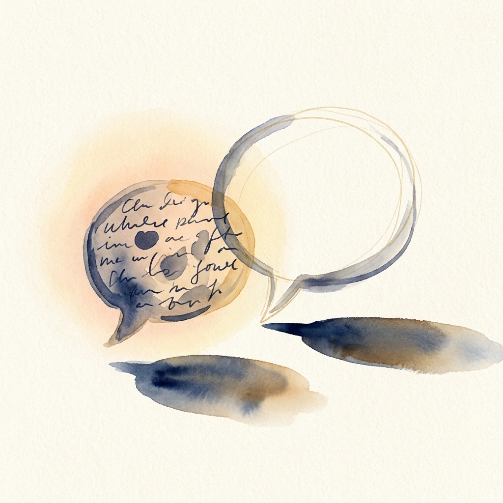 Watercolor illustration of two speech bubbles, one filled with text and one empty, the empty one casting a longer shadow