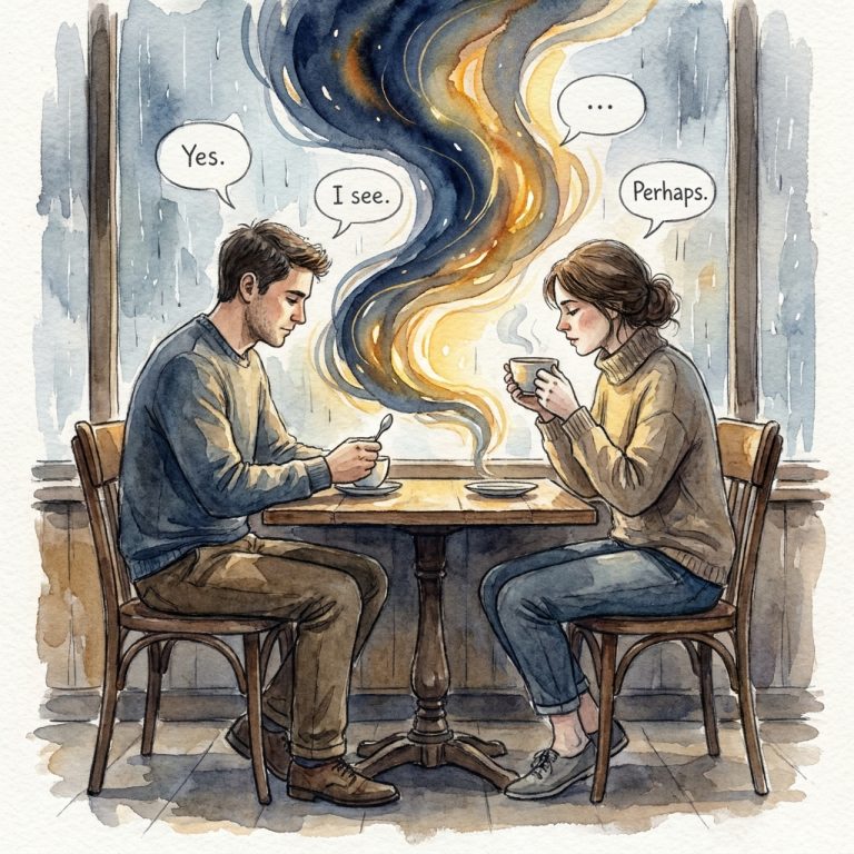 Watercolor illustration of two people at a café table, their spoken words floating simply above, while indigo and amber currents flow between them—suggesting unspoken meaning beneath a polite conversation