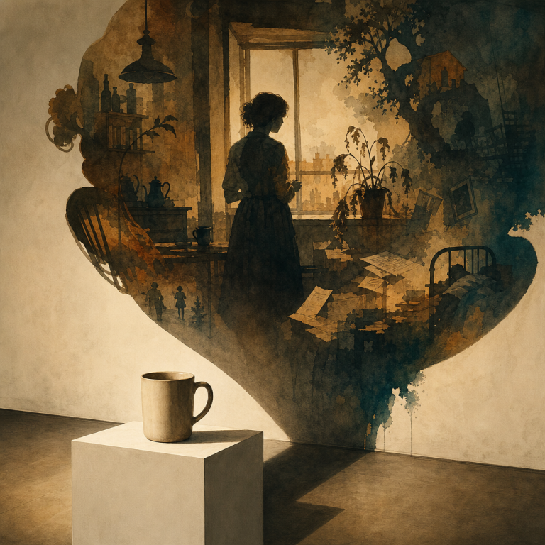 Watercolor illustration of an entire domestic scene rising like steam from a single coffee mug on a gallery pedestal