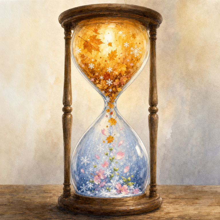 Surreal watercolor illustration of an hourglass filled with cascading autumn leaves, snowflakes, and flower petals instead of sand