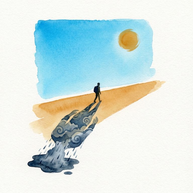 Watercolor illustration of a figure walking in brilliant sunshine while their shadow is made of dark storm clouds and rain