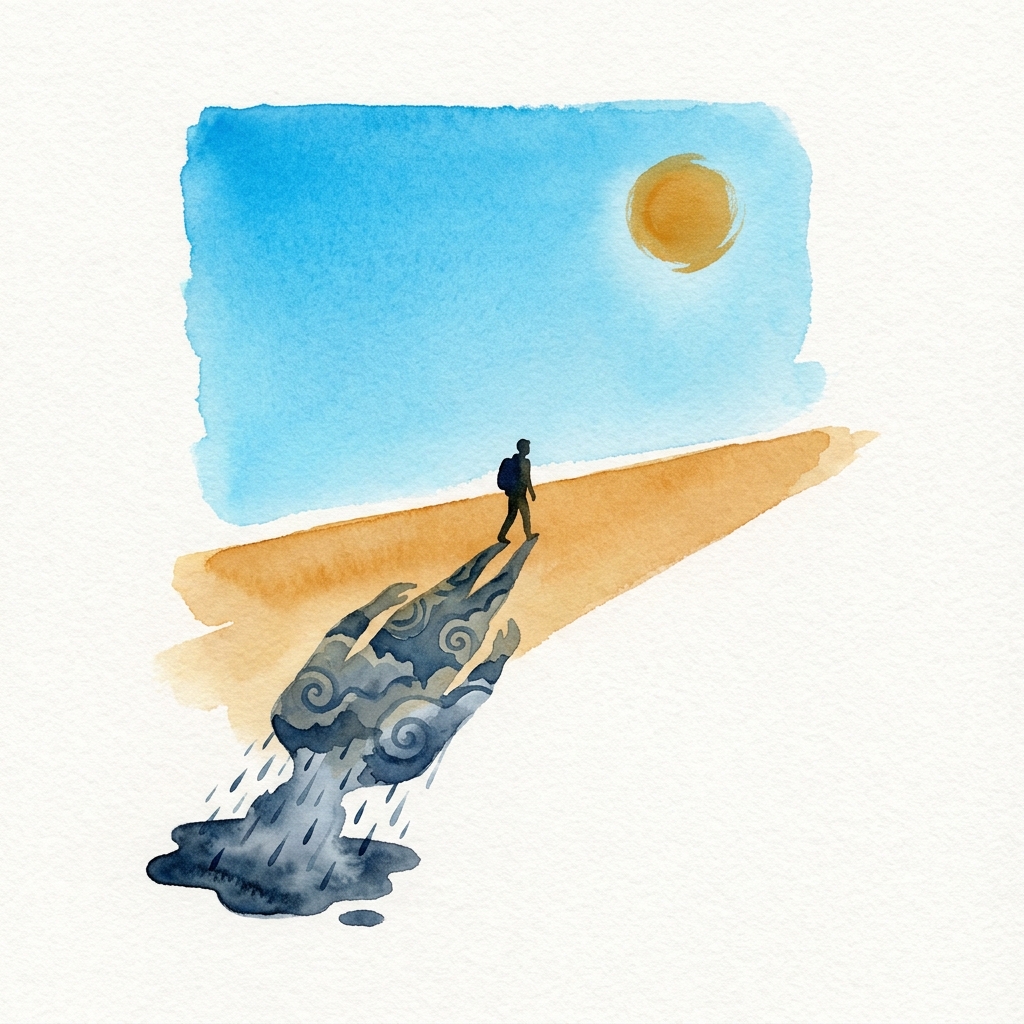 Watercolor illustration of a figure walking in brilliant sunshine while their shadow is made of dark storm clouds and rain
