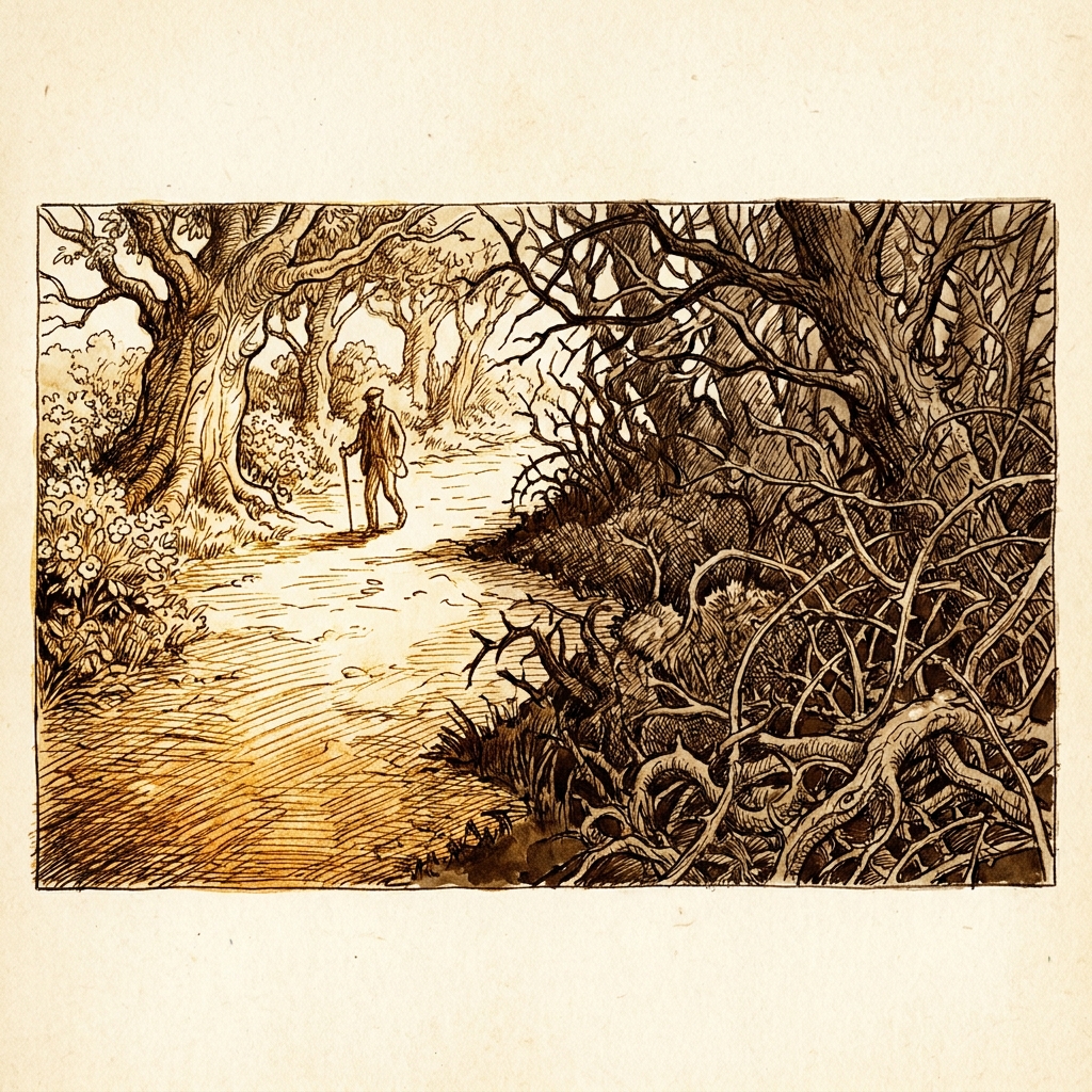 Pen and ink illustration of a forest path starting wide and sunlit then becoming tangled and blocked by thorny undergrowth, symbolizing momentum lost after a strong opening