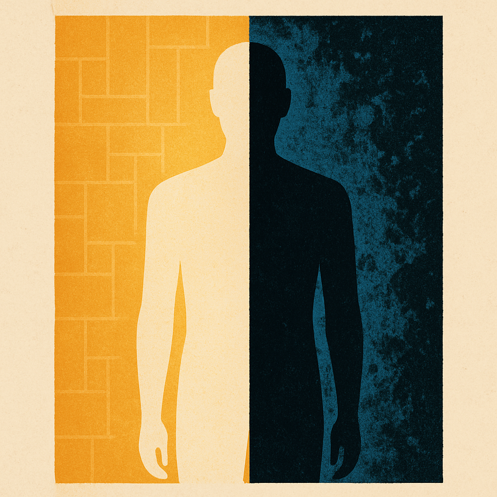 Minimalist illustration of a human silhouette split between warm golden geometric order and cool blue organic chaos, symbolizing internal contradiction