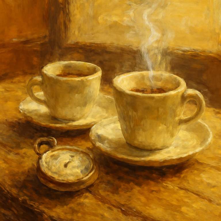 Impressionist oil painting of a vintage pocket watch and espresso cups on a worn wooden cafe table in warm golden light