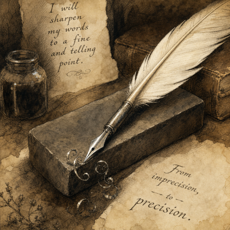 Watercolor and ink illustration of a vintage whetstone sharpening a quill pen, symbolizing the craft of sharpening imprecise adverbs into precise verbs.
