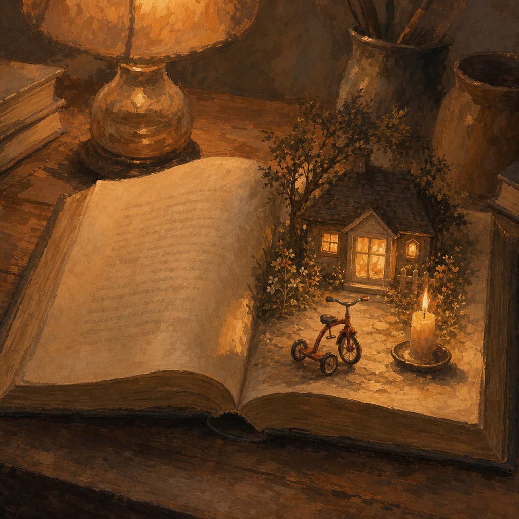 Gouache illustration of an open book on a wooden table where the final page has transformed into a tiny luminous three-dimensional miniature scene with a glowing cottage window, tricycle, and candle