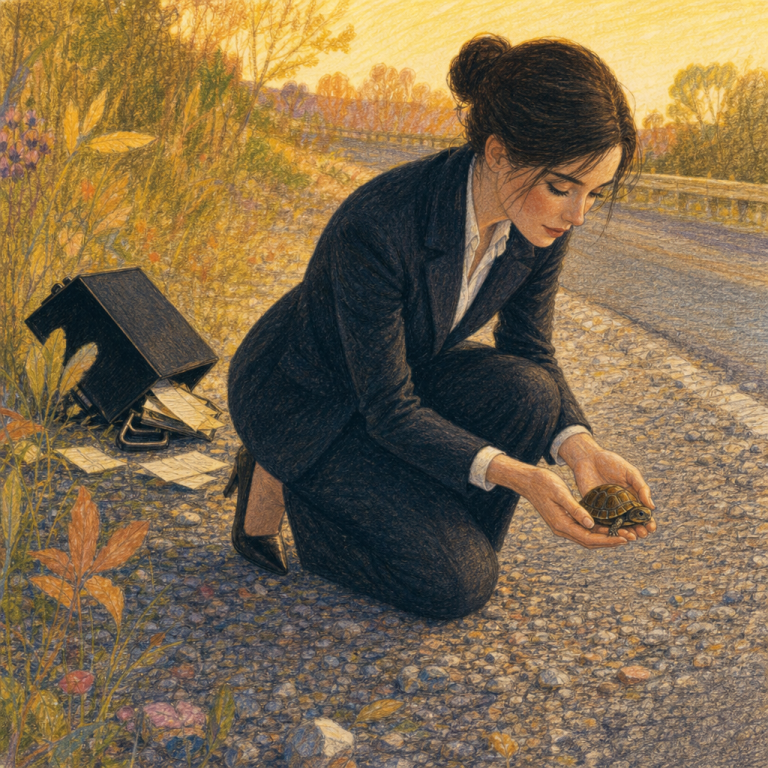 Colored pencil illustration of a woman in a business suit kneeling tenderly to lift a tiny turtle off a gravel road