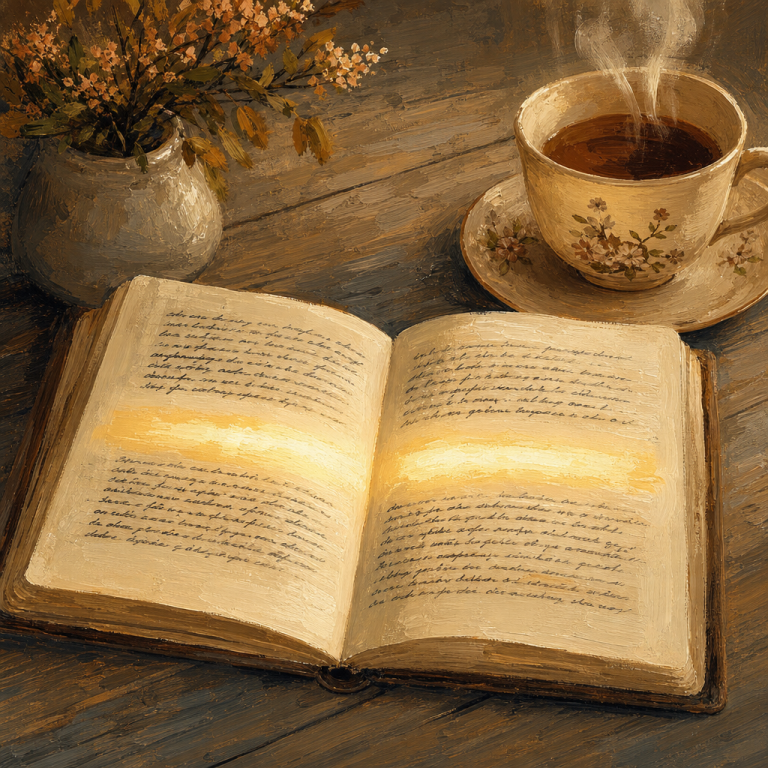 Gouache illustration of an open journal on a wooden desk where the blank white space between paragraphs glows with soft golden light, beside a steaming cup of tea