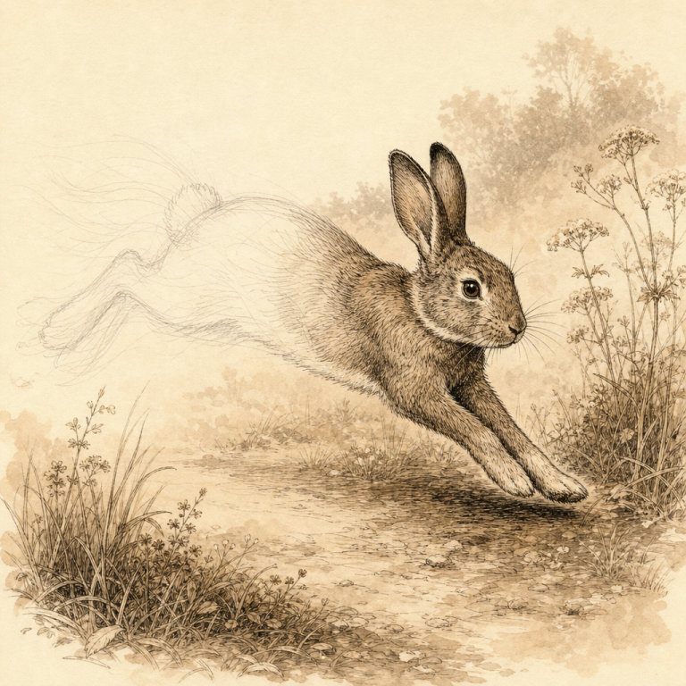 Pen and ink illustration with sepia wash of a rabbit mid-leap, back half sketched faintly and front half in bold dark ink, symbolizing commitment vs hesitation in prose