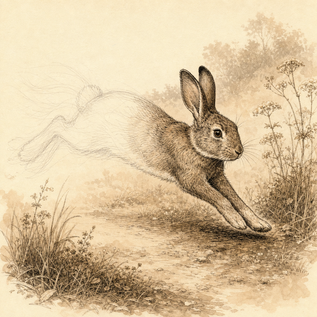 Pen and ink illustration with sepia wash of a rabbit mid-leap, back half sketched faintly and front half in bold dark ink, symbolizing commitment vs hesitation in prose