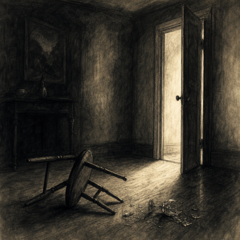 Charcoal drawing of an empty room with an overturned chair and shattered glass, suggesting a confrontation that happened offstage