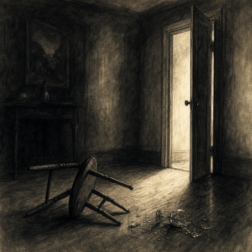 Charcoal drawing of an empty room with an overturned chair and shattered glass, suggesting a confrontation that happened offstage