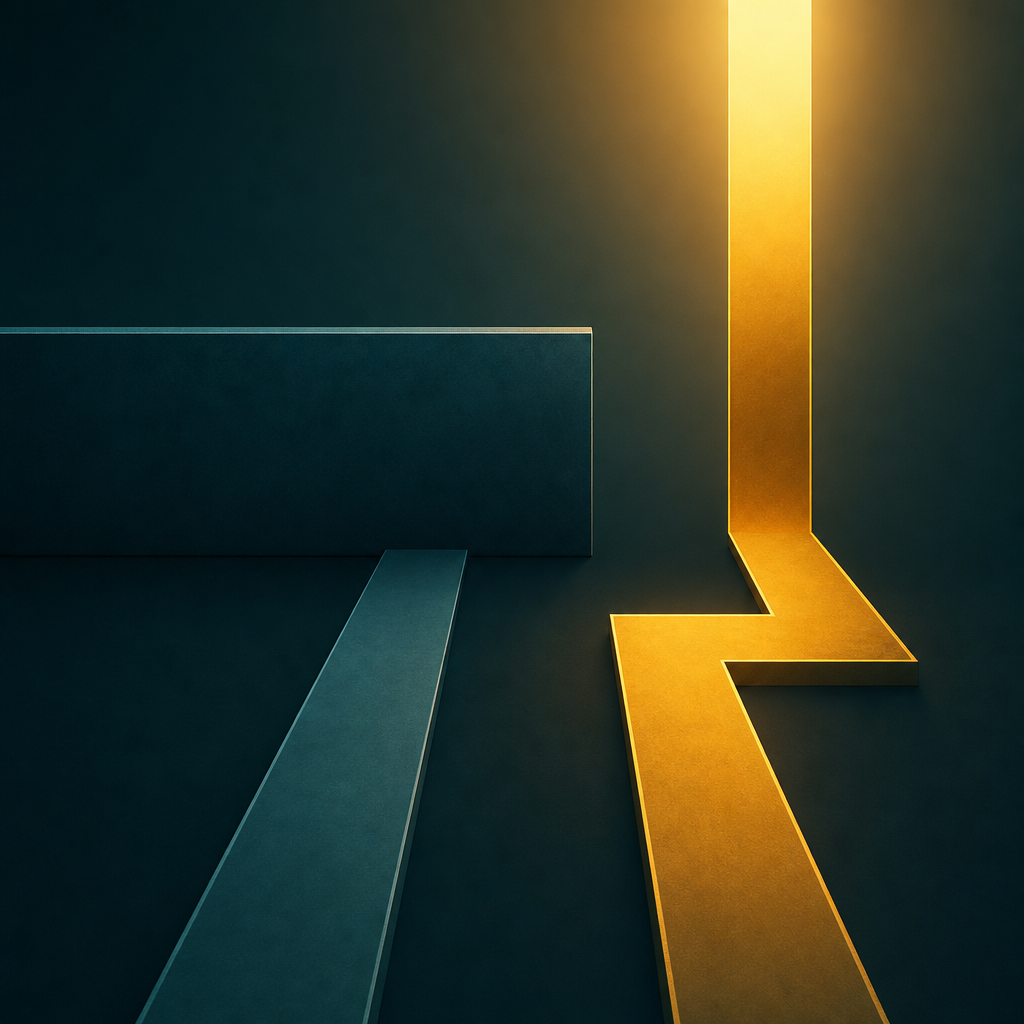 Abstract geometric illustration of two paths diverging: one hitting a wall, the other making a sharp turn upward into golden light