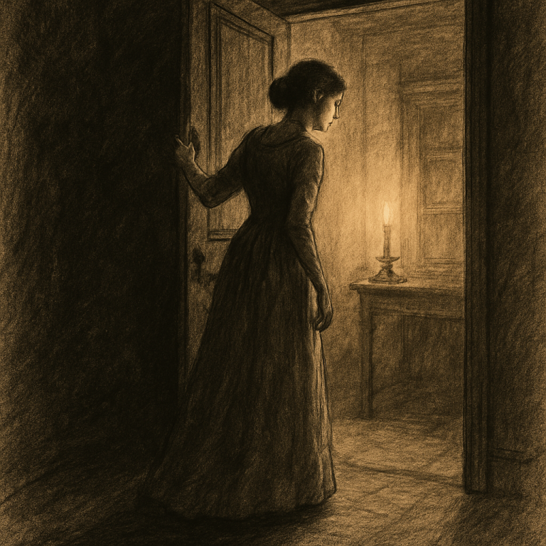 Charcoal drawing of a woman hesitating at a doorway, one hand on the frame, before stepping into a warmly lit room