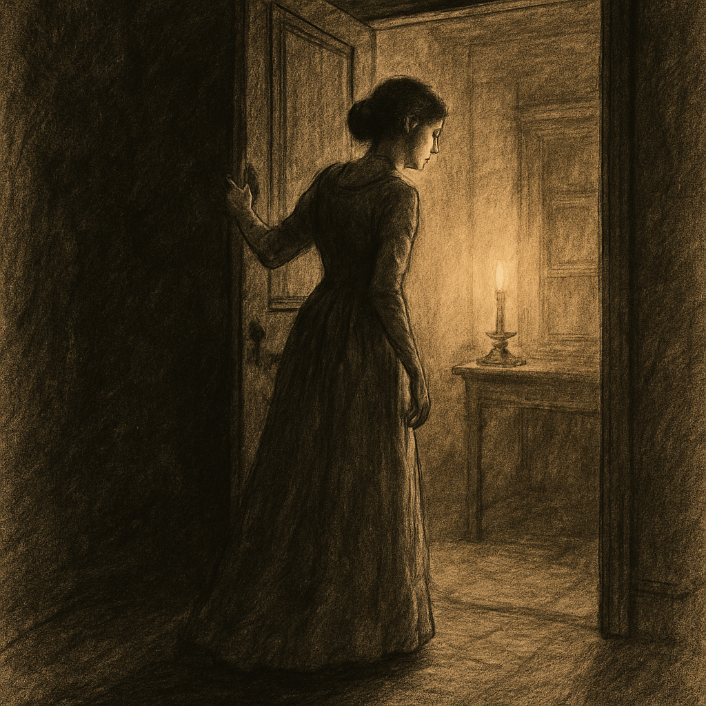 Charcoal drawing of a woman hesitating at a doorway, one hand on the frame, before stepping into a warmly lit room