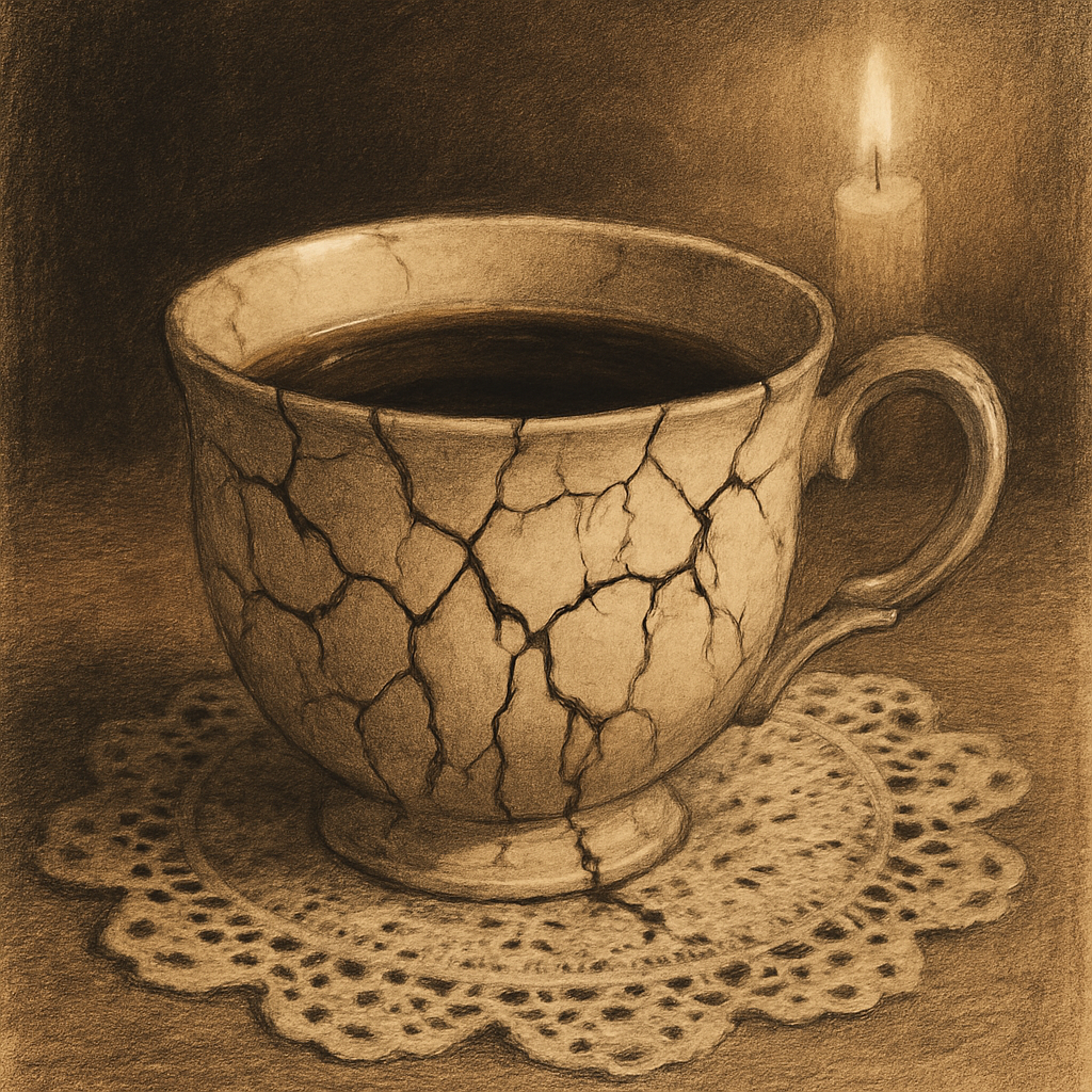 Charcoal drawing of a cracked porcelain teacup on a lace doily, symbolizing social lies in dialogue — beautiful surface, hidden fractures