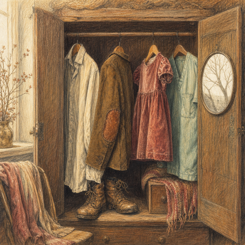 Colored pencil illustration of an open vintage armoire with carefully arranged garments hanging inside, each telling a different chapter of a life.