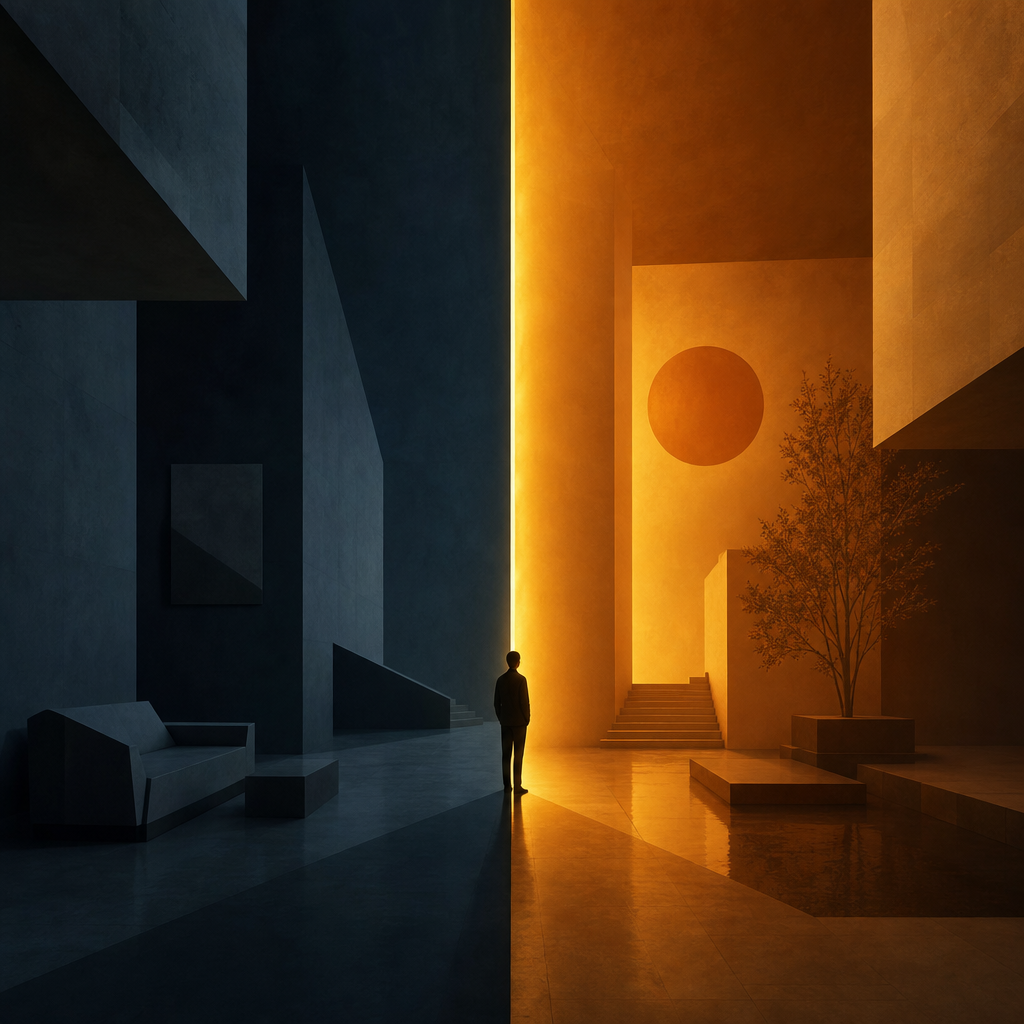 Minimalist illustration of a silhouetted figure standing at a vertical band of warm light dividing two contrasting spaces, one cool blue and one warm amber