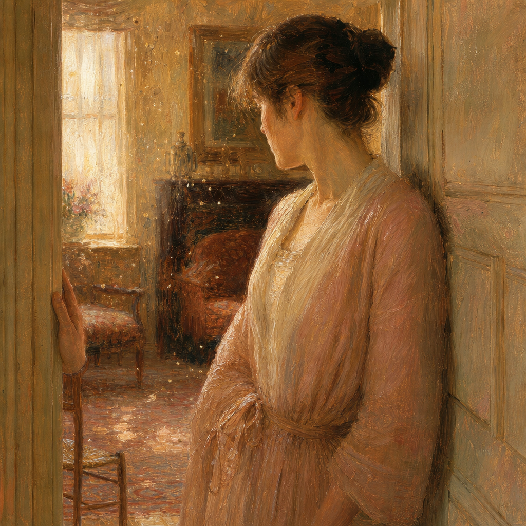 Impressionist oil painting of a woman standing in a doorway she has not entered in years, warm amber light, dust motes, hand resting on the doorframe