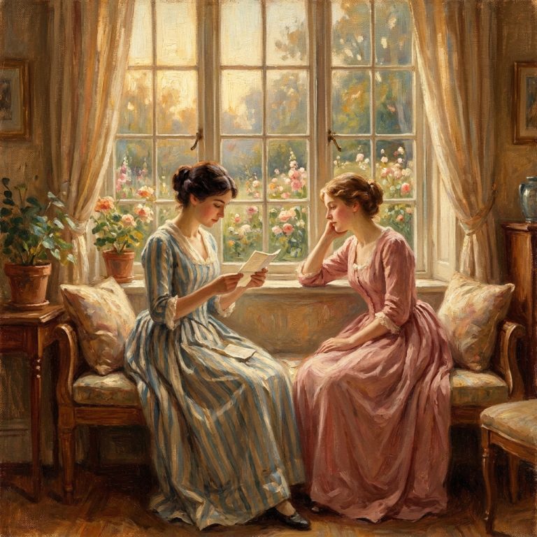 Impressionist oil painting of two women at a sunlit window, one reading a letter and one gazing at a garden, in warm amber and rose tones