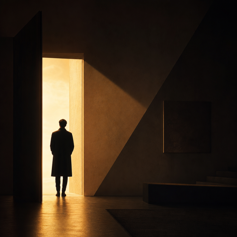A lone silhouetted figure standing at a threshold, back turned toward a glowing amber doorway, facing a shadowed room. Cinematic chiaroscuro lighting illustrating the moment of refusal.