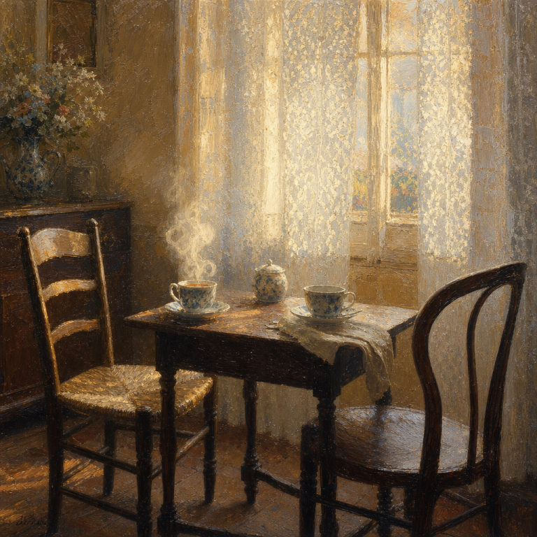 Impressionist oil painting still life of two chairs across a small table with one teacup steaming and one untouched, warm amber morning light through lace curtains