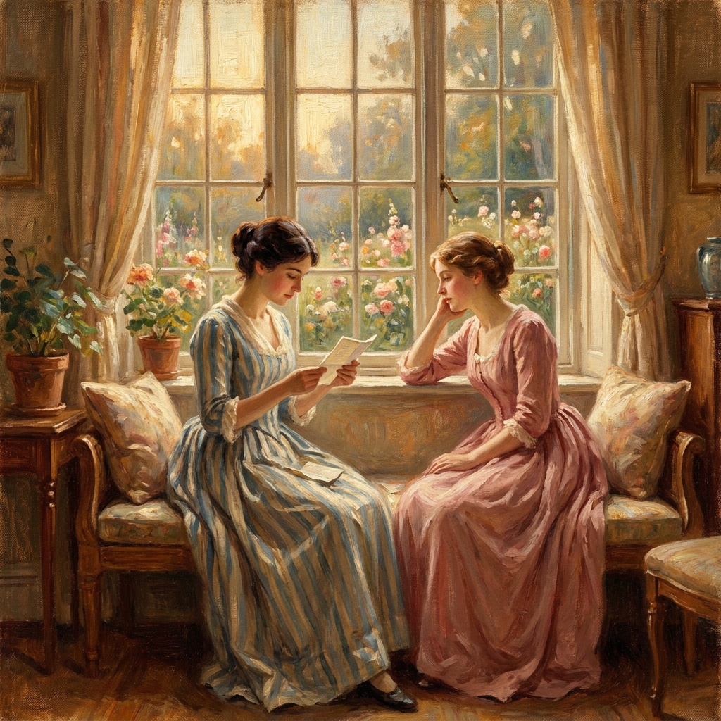 Impressionist oil painting of two women at a sunlit window, one reading a letter and one gazing at a garden, in warm amber and rose tones