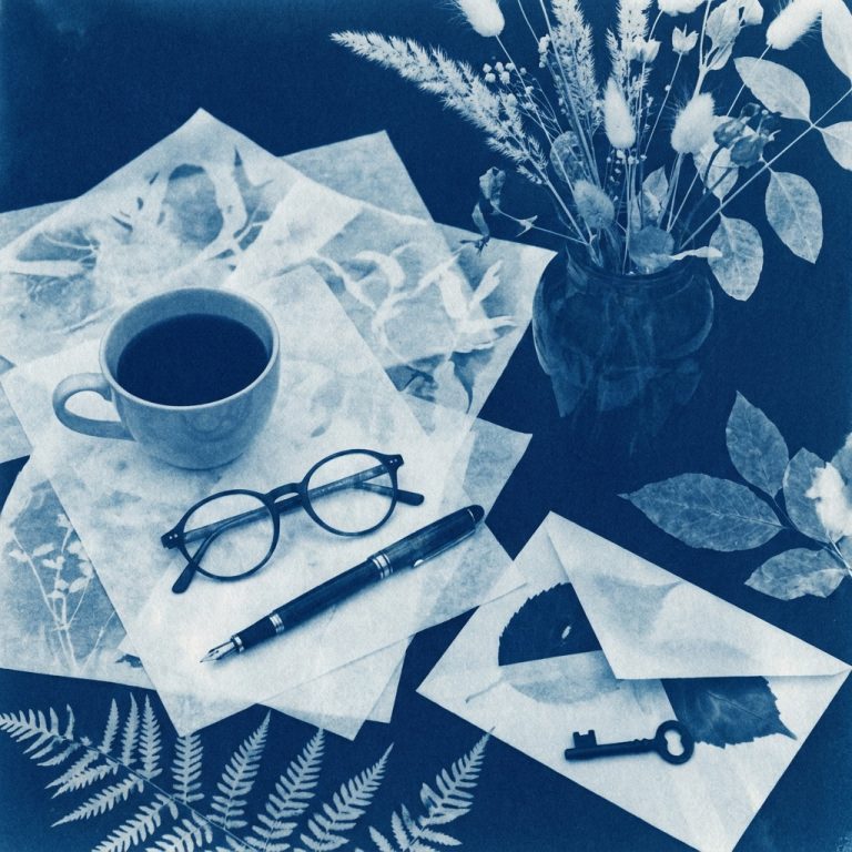 Cyanotype photogram of a cluttered desk with a brass key half-hidden under a folded letter among coffee cups, glasses, dried flowers and fern shadows, Prussian blue tones, the key camouflaged by visual noise