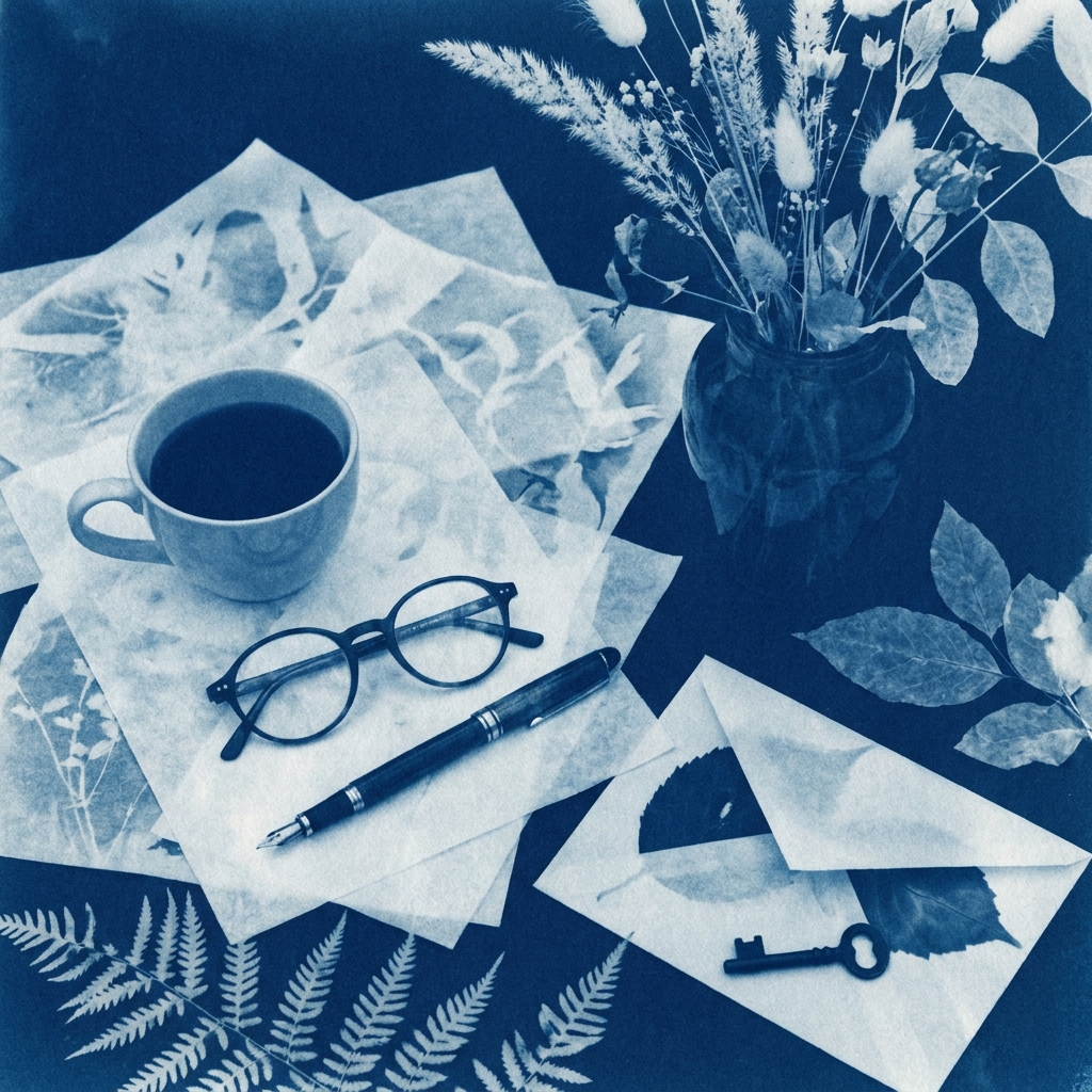 Cyanotype photogram of a cluttered desk with a brass key half-hidden under a folded letter among coffee cups, glasses, dried flowers and fern shadows, Prussian blue tones, the key camouflaged by visual noise