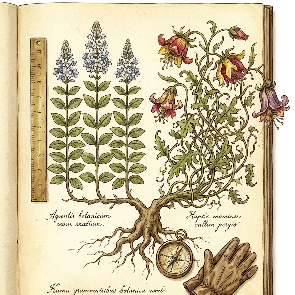 Vintage botanical illustration of two plants from one root — one neat and measured, the other wild and sprawling, both flowering, Victorian herbarium style