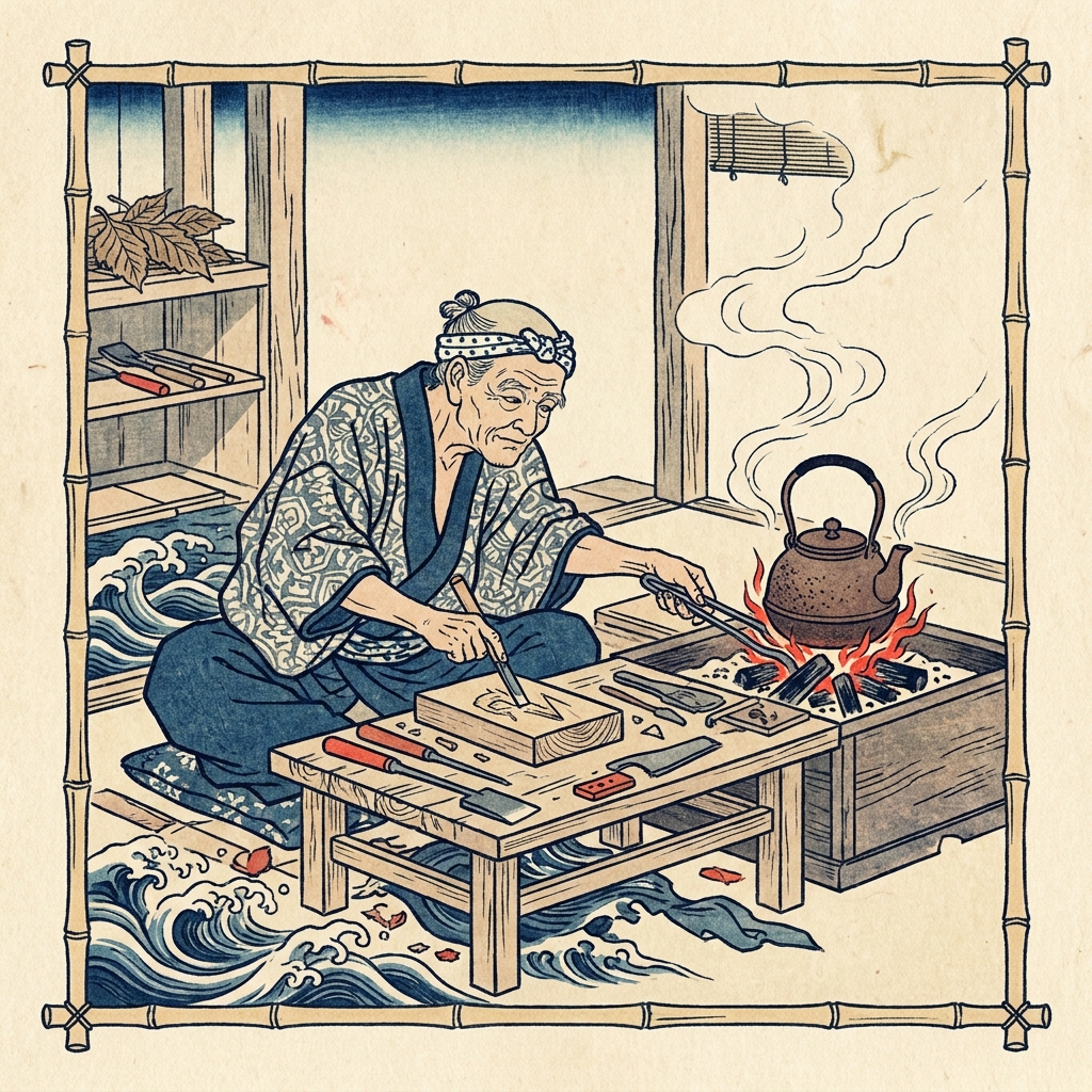 Japanese woodblock print of a craftsman simultaneously carving a woodblock and tending a steaming kettle, illustrating dual-purpose action