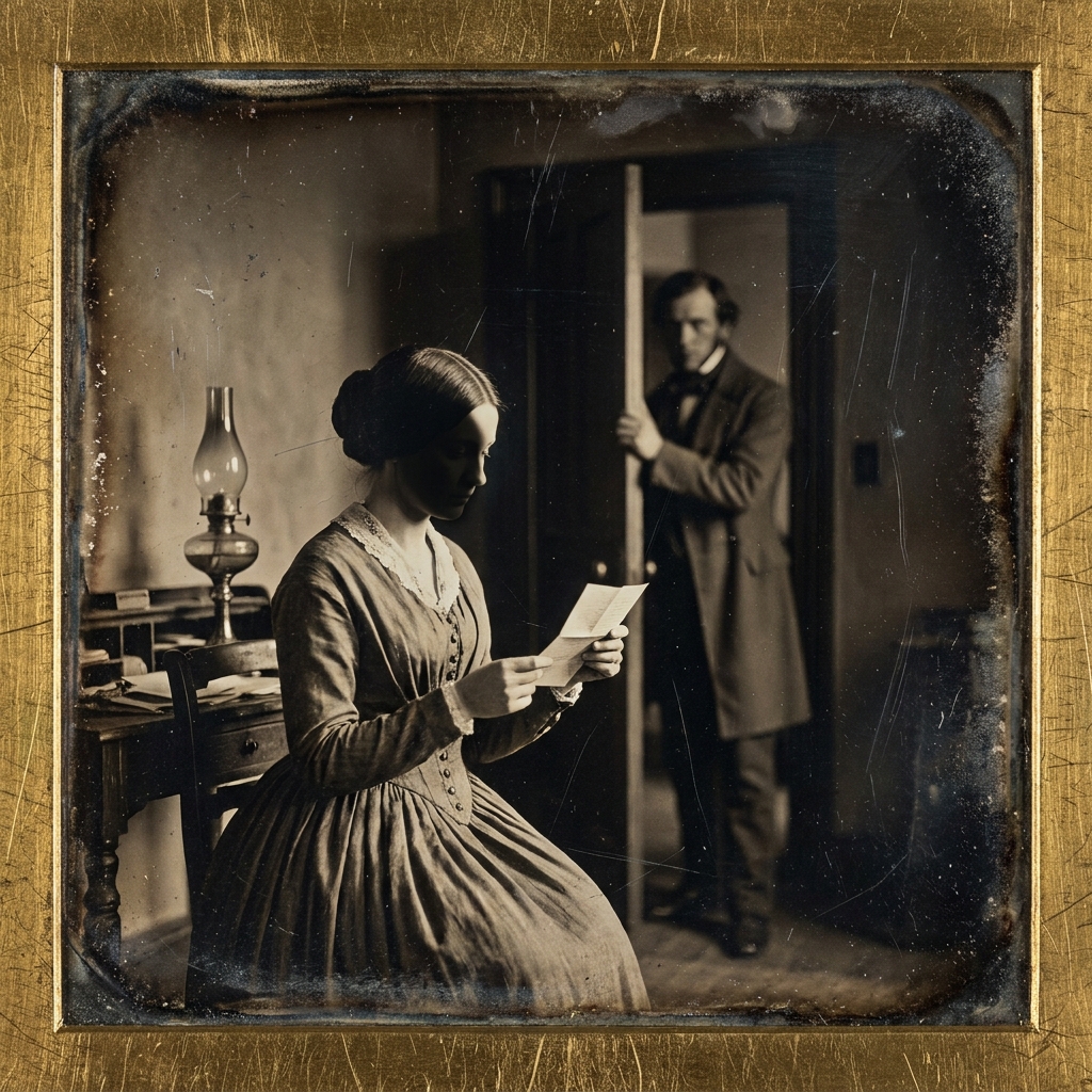 Antique daguerreotype of a woman reading a letter half in shadow while a figure watches from a doorway behind her, illustrating dramatic irony and information asymmetry