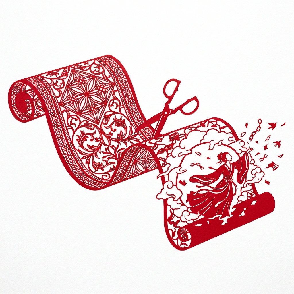 Chinese paper cutting in red on white — ornamental scroll that erupts into dynamic action in the final third, scissors at the boundary between decoration and energy