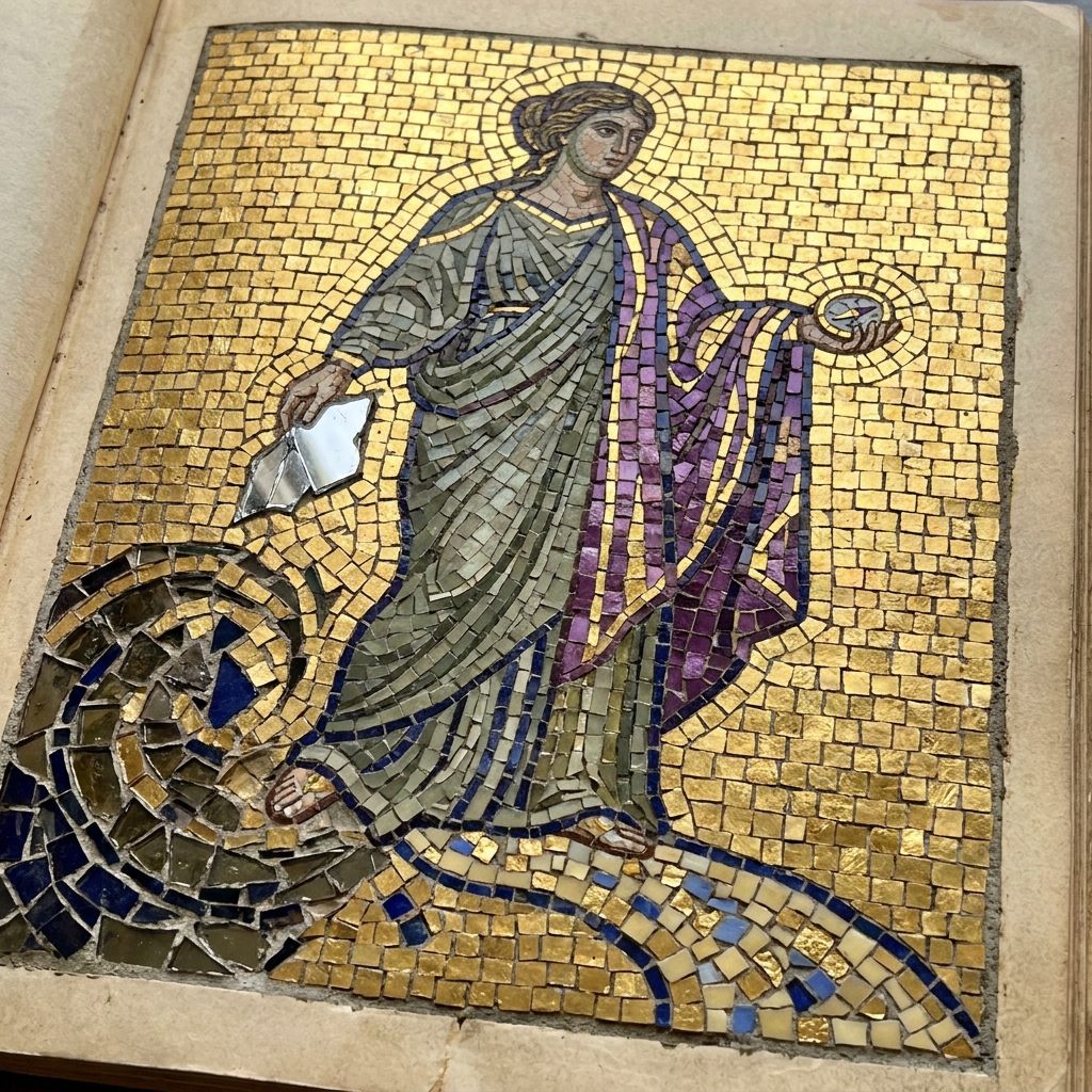 Byzantine mosaic of a woman at a crossroads turning from past to future, gold tesserae, compass and broken mirror, Ravenna style