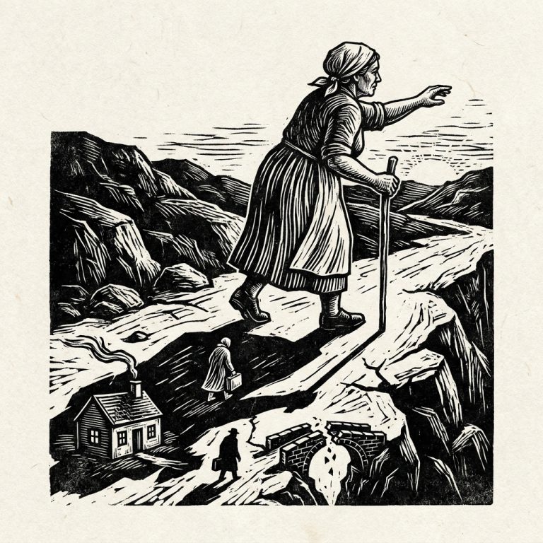 Linocut print of a woman walking forward along a mountain path, her shadow behind her carrying fragmented scenes from her past, bold black ink on rice paper, expressionist style