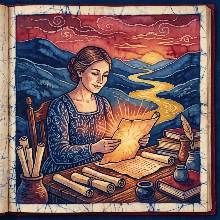 Batik fabric art of a woman opening a glowing letter at her desk, wax-resist landscape behind her in indigo, madder red, and turmeric yellow, crackle texture throughout