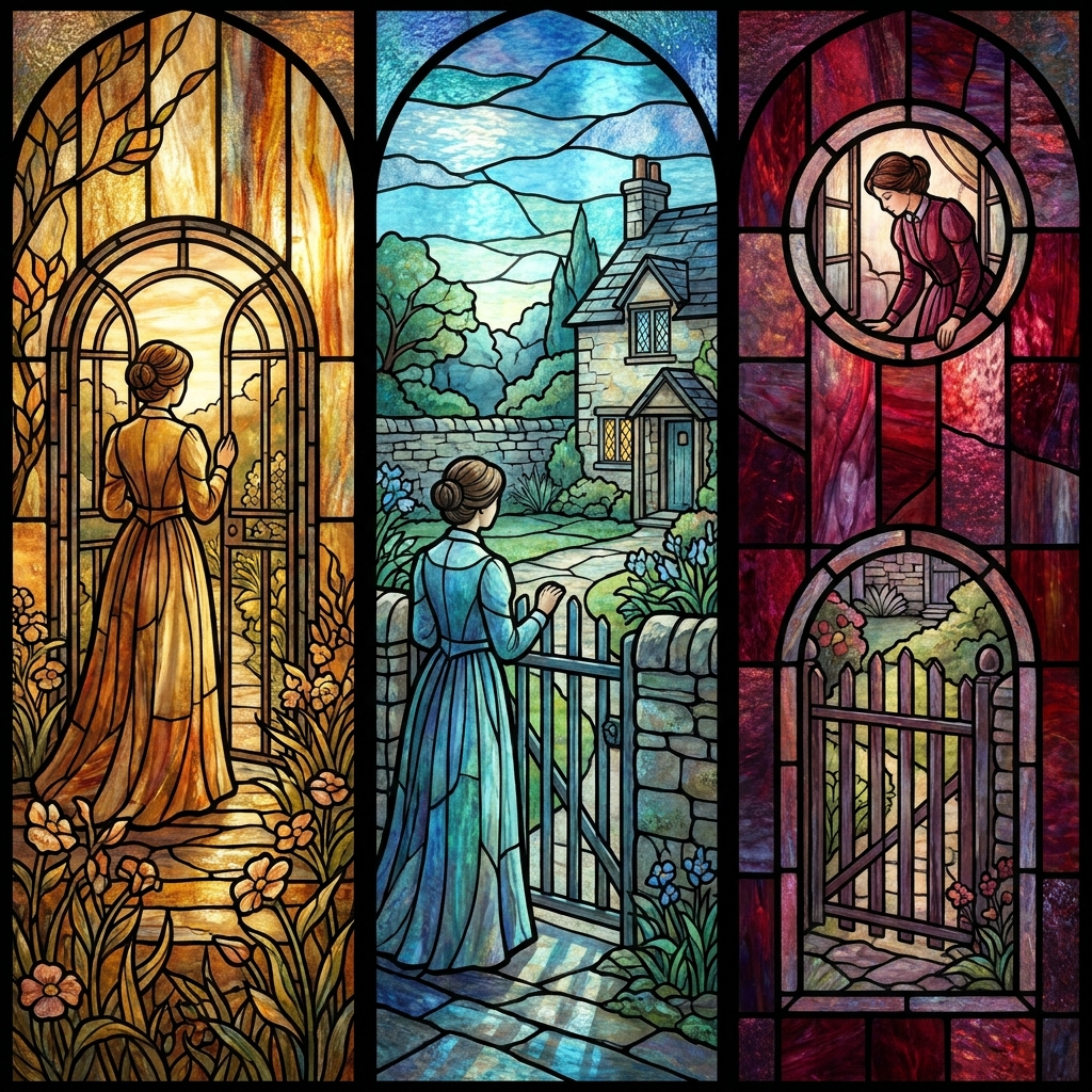 Stained glass illustration with three panels showing the same garden gate scene from three different perspectives, in amber, blue-green, and ruby red