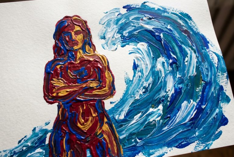 Finger painting illustration with thick tactile smears showing a woman at a crossroads refusing to take the path, bold impasto gestures capturing the moment of defiant refusal