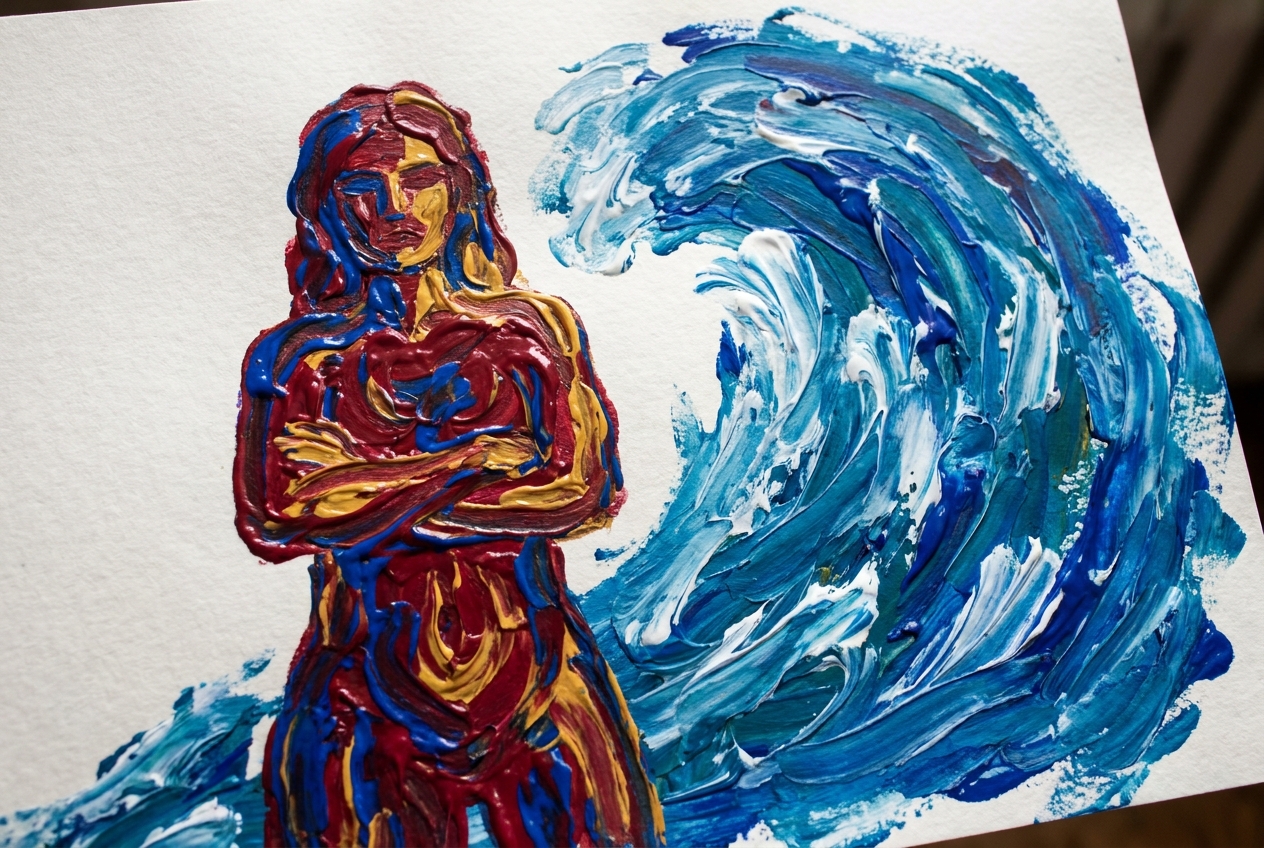 Finger painting illustration with thick tactile smears showing a woman at a crossroads refusing to take the path, bold impasto gestures capturing the moment of defiant refusal